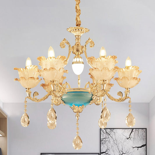 Gold Floral Chandelier Lighting Mid Century Frosted Glass 6/8 Heads Bedroom Pendant with Crystal Drop Clearhalo 'Ceiling Lights' 'Chandeliers' Lighting' options 863421