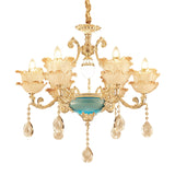 Gold Floral Chandelier Lighting Mid Century Frosted Glass 6/8 Heads Bedroom Pendant with Crystal Drop Clearhalo 'Ceiling Lights' 'Chandeliers' Lighting' options 863422