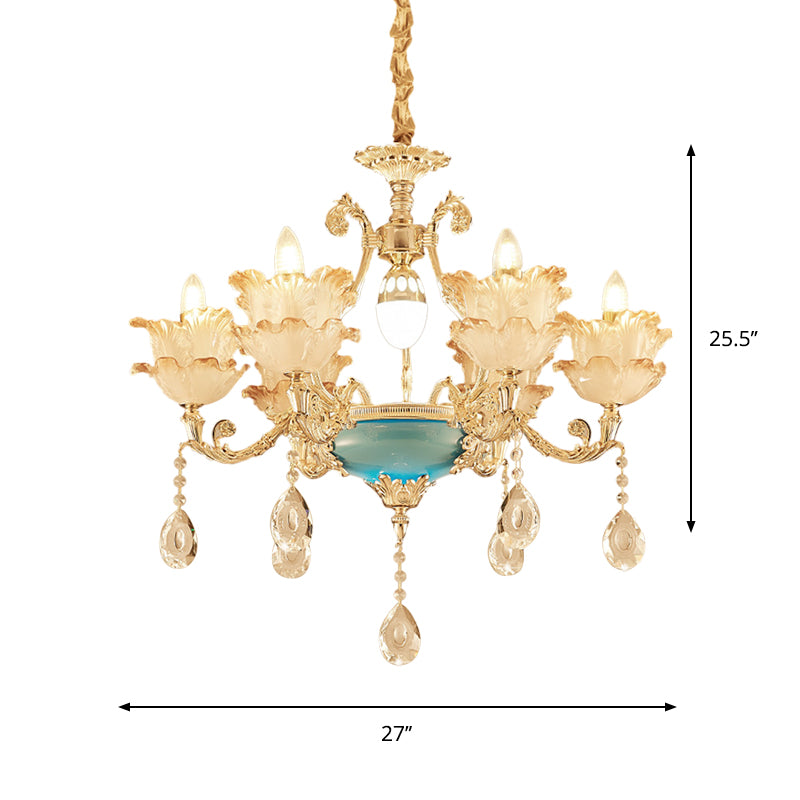 Gold Floral Chandelier Lighting Mid Century Frosted Glass 6/8 Heads Bedroom Pendant with Crystal Drop Clearhalo 'Ceiling Lights' 'Chandeliers' Lighting' options 863423