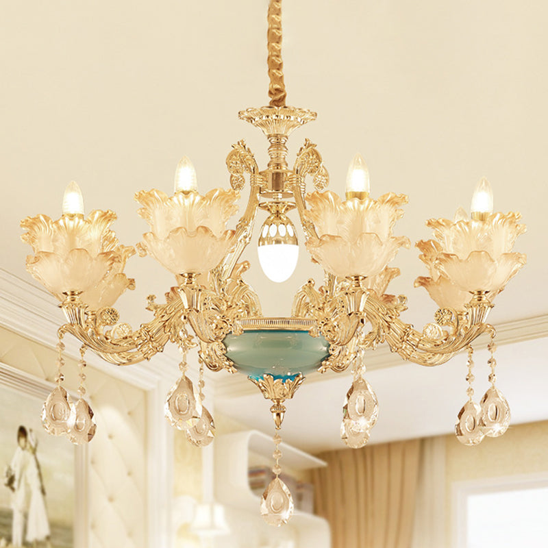 Gold Floral Chandelier Lighting Mid Century Frosted Glass 6/8 Heads Bedroom Pendant with Crystal Drop Clearhalo 'Ceiling Lights' 'Chandeliers' Lighting' options 863424