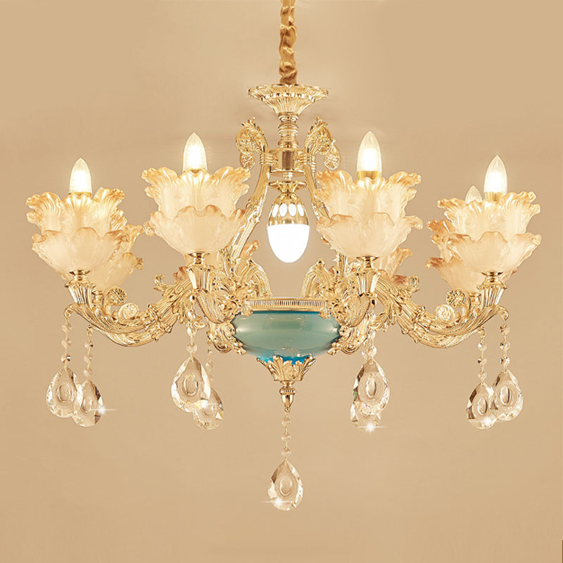 Gold Floral Chandelier Lighting Mid Century Frosted Glass 6/8 Heads Bedroom Pendant with Crystal Drop Clearhalo 'Ceiling Lights' 'Chandeliers' Lighting' options 863427