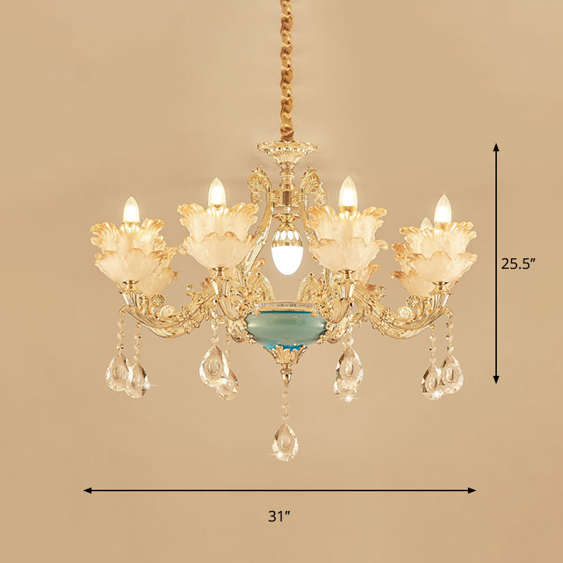 Gold Floral Chandelier Lighting Mid Century Frosted Glass 6/8 Heads Bedroom Pendant with Crystal Drop Clearhalo 'Ceiling Lights' 'Chandeliers' Lighting' options 863428