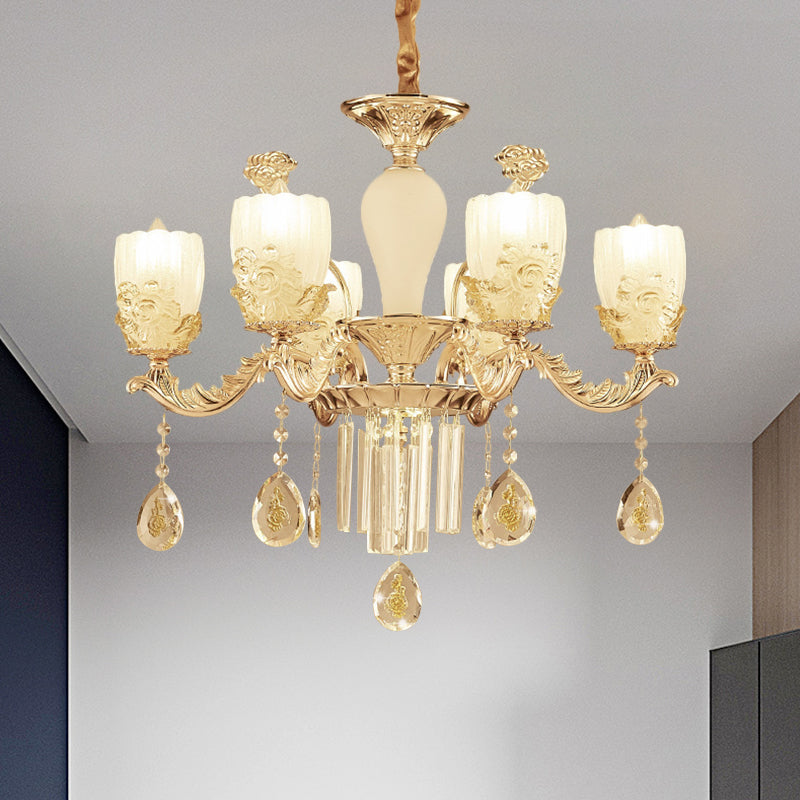 Frosted Glass Floral Chandelier Mid Century 6/8 Heads Bedroom Suspension Lamp in Gold with Crystal Draping 6 Gold Clearhalo 'Ceiling Lights' 'Chandeliers' Lighting' options 863429_ce6505eb-49dd-444e-8770-9eef94f9407e