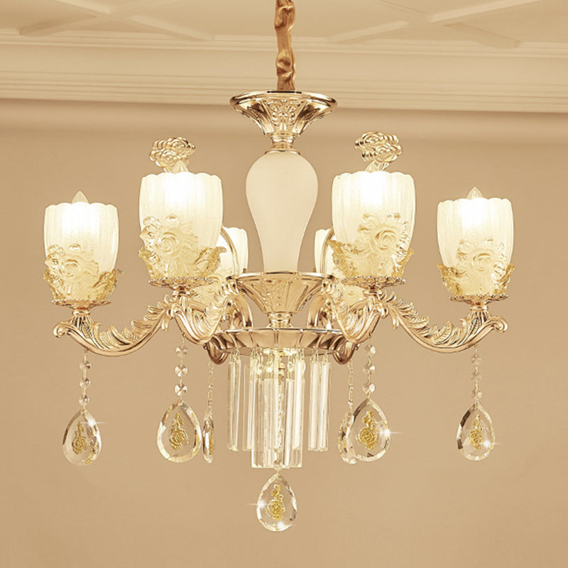 Frosted Glass Floral Chandelier Mid Century 6/8 Heads Bedroom Suspension Lamp in Gold with Crystal Draping Clearhalo 'Ceiling Lights' 'Chandeliers' Lighting' options 863430