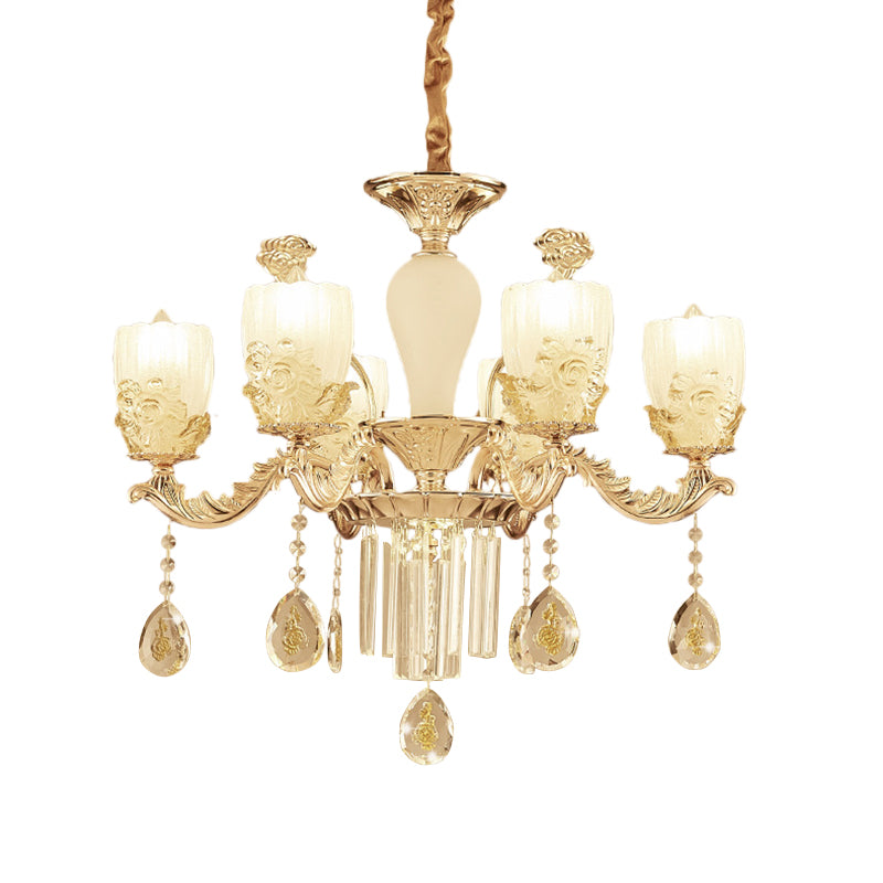 Frosted Glass Floral Chandelier Mid Century 6/8 Heads Bedroom Suspension Lamp in Gold with Crystal Draping Clearhalo 'Ceiling Lights' 'Chandeliers' Lighting' options 863431