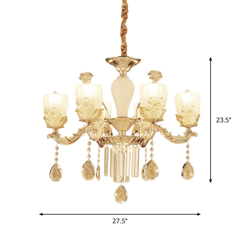 Frosted Glass Floral Chandelier Mid Century 6/8 Heads Bedroom Suspension Lamp in Gold with Crystal Draping Clearhalo 'Ceiling Lights' 'Chandeliers' Lighting' options 863432