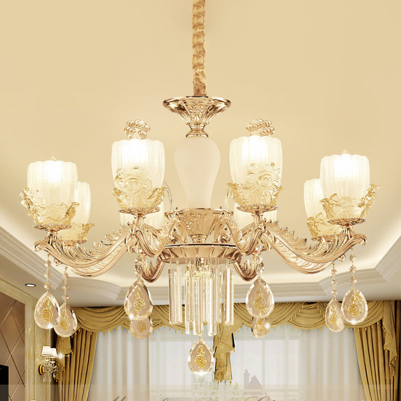 Frosted Glass Floral Chandelier Mid Century 6/8 Heads Bedroom Suspension Lamp in Gold with Crystal Draping Clearhalo 'Ceiling Lights' 'Chandeliers' Lighting' options 863433