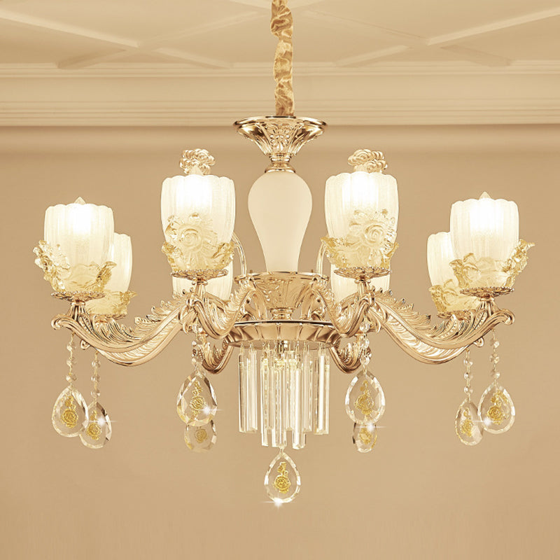 Frosted Glass Floral Chandelier Mid Century 6/8 Heads Bedroom Suspension Lamp in Gold with Crystal Draping Clearhalo 'Ceiling Lights' 'Chandeliers' Lighting' options 863434