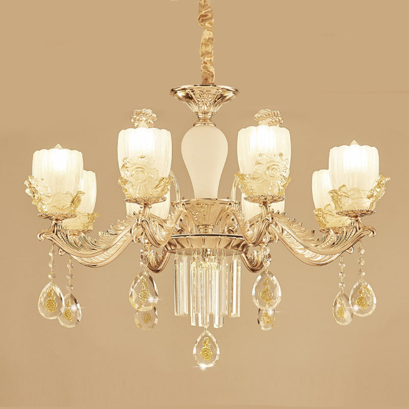 Frosted Glass Floral Chandelier Mid Century 6/8 Heads Bedroom Suspension Lamp in Gold with Crystal Draping Clearhalo 'Ceiling Lights' 'Chandeliers' Lighting' options 863436