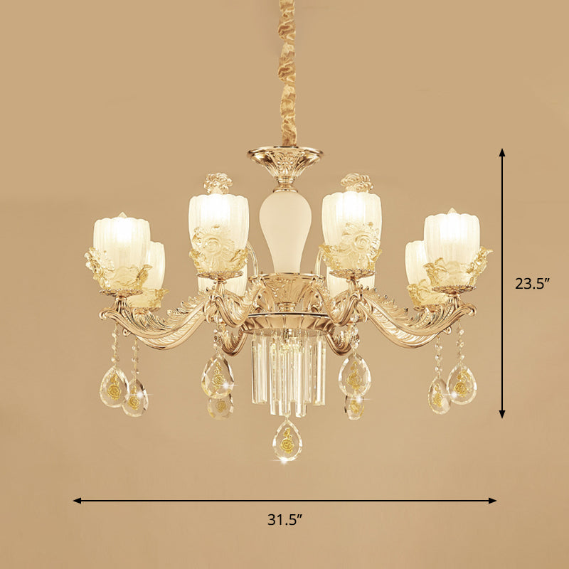 Frosted Glass Floral Chandelier Mid Century 6/8 Heads Bedroom Suspension Lamp in Gold with Crystal Draping Clearhalo 'Ceiling Lights' 'Chandeliers' Lighting' options 863437