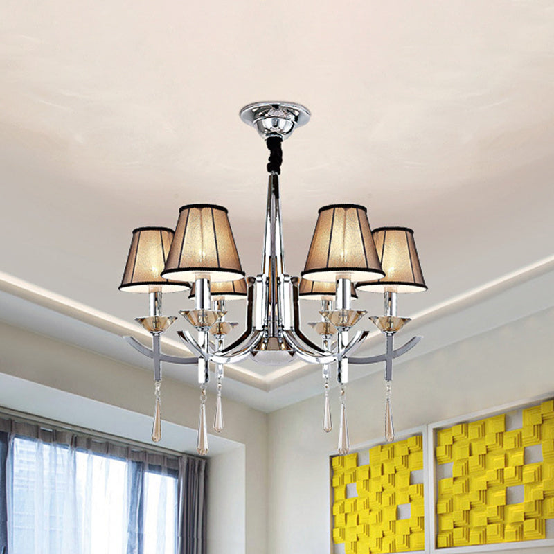 Chrome Tapered Pendant Chandelier Modern Fabric 6 Lights Bedroom Ceiling Lamp with Crystal Drop Chrome Clearhalo 'Ceiling Lights' 'Chandeliers' 'Modern Chandeliers' 'Modern' Lighting' 863438