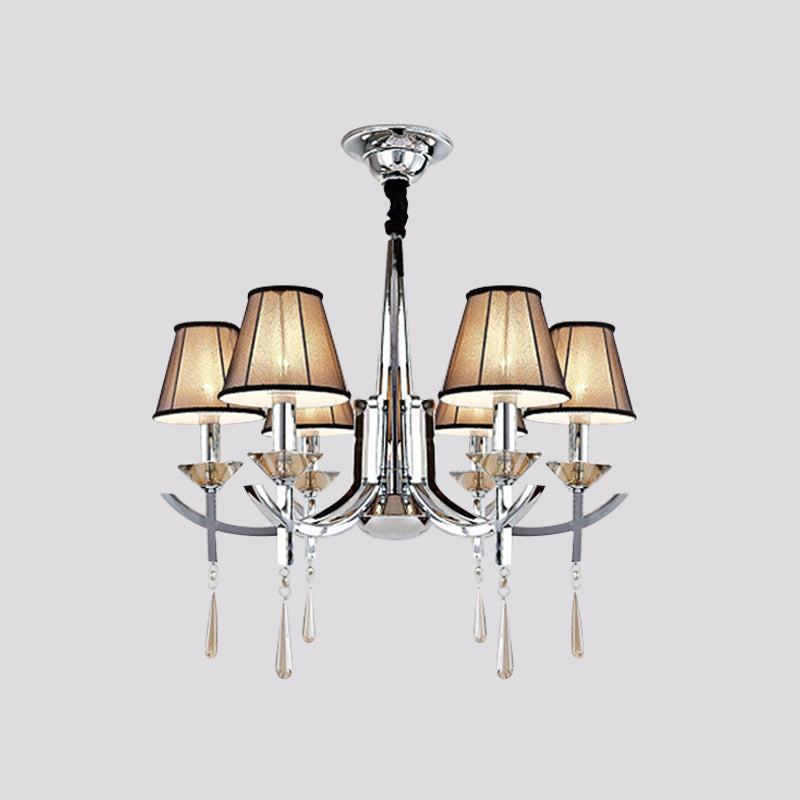 Chrome Tapered Pendant Chandelier Modern Fabric 6 Lights Bedroom Ceiling Lamp with Crystal Drop Clearhalo 'Ceiling Lights' 'Chandeliers' 'Modern Chandeliers' 'Modern' Lighting' 863440