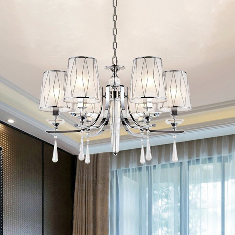 Fabric Chrome Hanging Chandelier Cone 6 Lights Contemporary Pendant Light with Crystal Draping Chrome Clearhalo 'Ceiling Lights' 'Chandeliers' 'Modern Chandeliers' 'Modern' Lighting' 863442