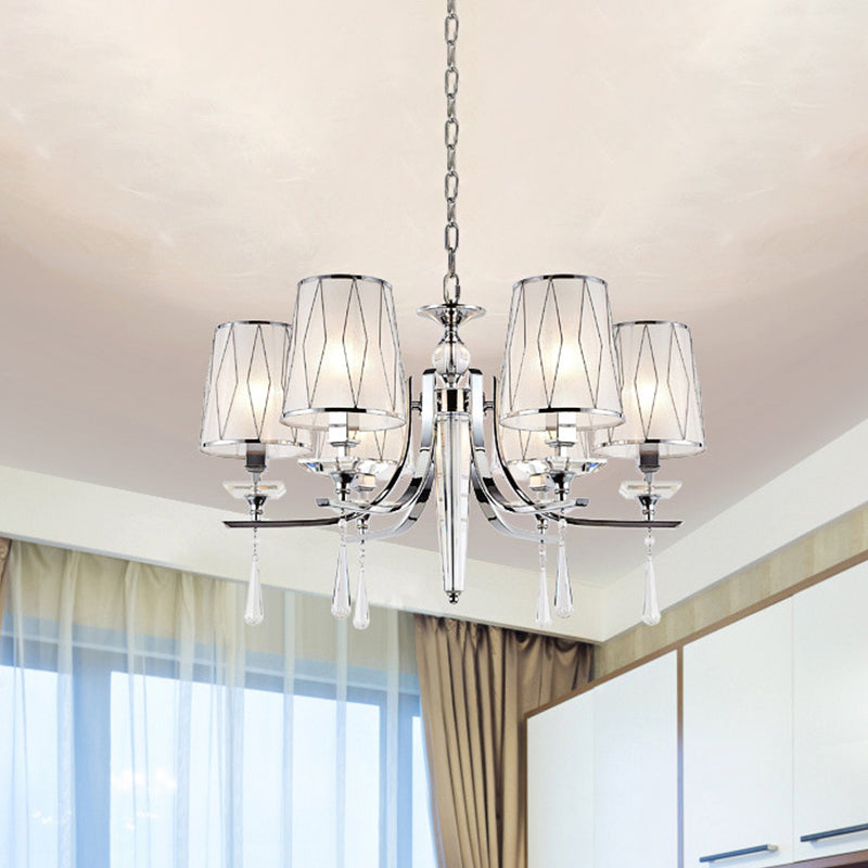 Fabric Chrome Hanging Chandelier Cone 6 Lights Contemporary Pendant Light with Crystal Draping Clearhalo 'Ceiling Lights' 'Chandeliers' 'Modern Chandeliers' 'Modern' Lighting' 863443