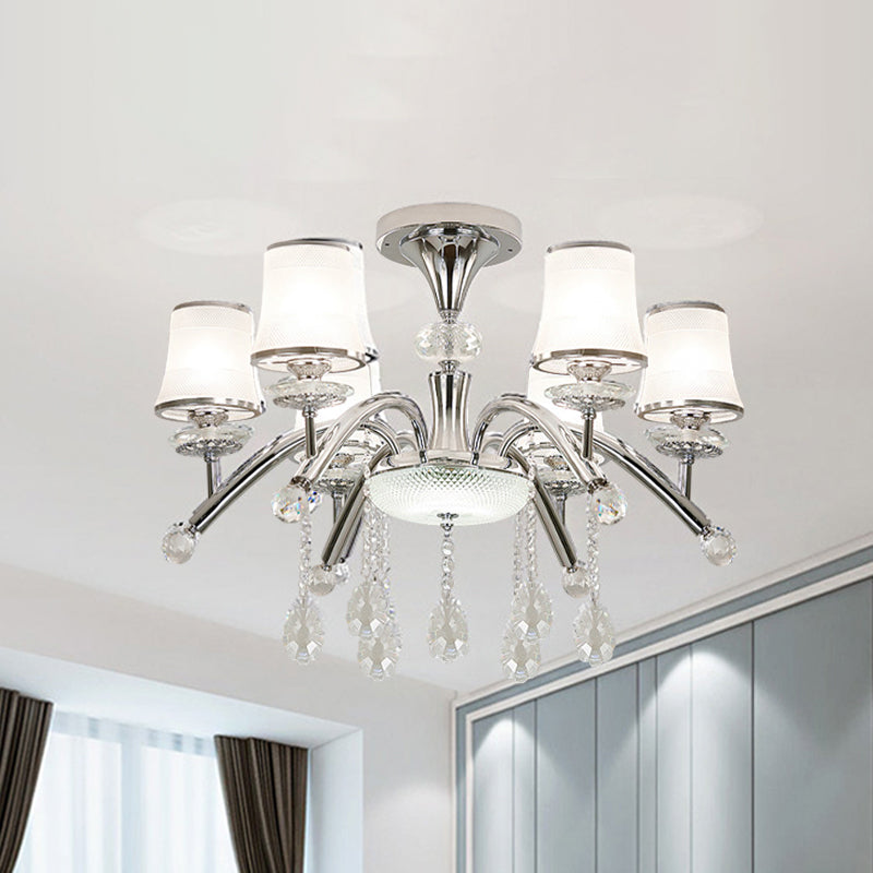 Modernism Bell Semi Flush Mount 6-Bulb Frosted Glass Flush Light in Chrome with Crystal Drop Chrome Clearhalo 'Ceiling Lights' 'Close To Ceiling Lights' 'Close to ceiling' 'Semi-flushmount' Lighting' 863446