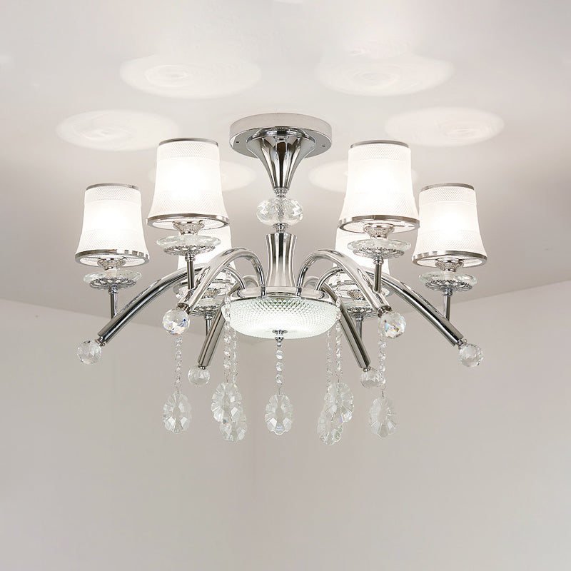 Modernism Bell Semi Flush Mount 6-Bulb Frosted Glass Flush Light in Chrome with Crystal Drop Clearhalo 'Ceiling Lights' 'Close To Ceiling Lights' 'Close to ceiling' 'Semi-flushmount' Lighting' 863447