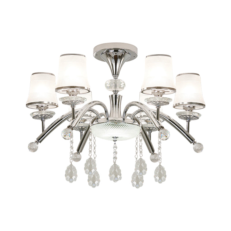 Modernism Bell Semi Flush Mount 6-Bulb Frosted Glass Flush Light in Chrome with Crystal Drop Clearhalo 'Ceiling Lights' 'Close To Ceiling Lights' 'Close to ceiling' 'Semi-flushmount' Lighting' 863448