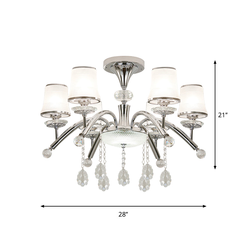 Modernism Bell Semi Flush Mount 6-Bulb Frosted Glass Flush Light in Chrome with Crystal Drop Clearhalo 'Ceiling Lights' 'Close To Ceiling Lights' 'Close to ceiling' 'Semi-flushmount' Lighting' 863449