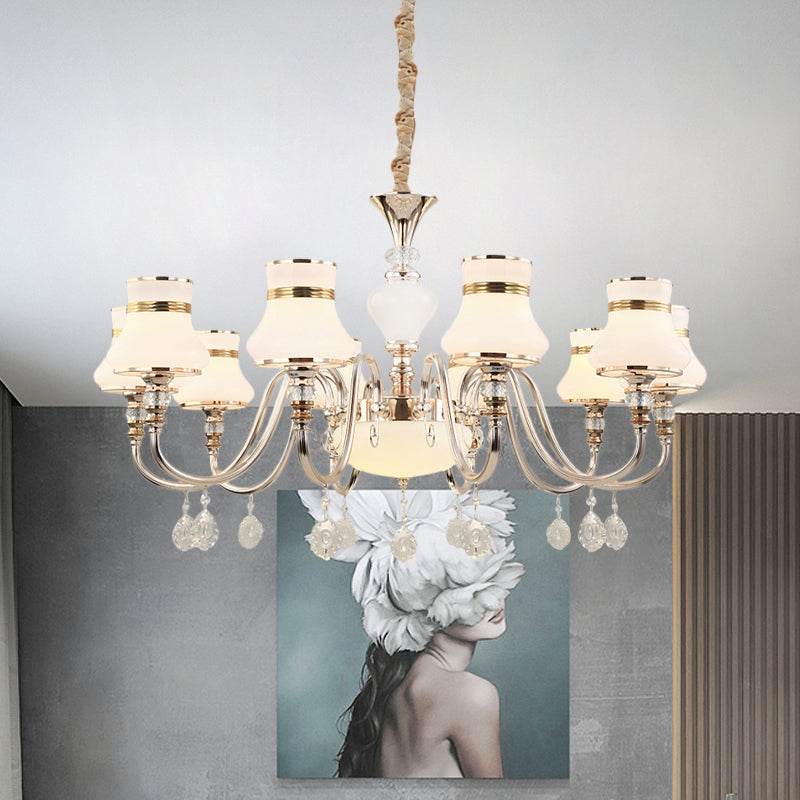 10-Light Flared Ceiling Chandelier Modern Gold Frosted Glass Pendant Lamp with Crystal Draping Gold Clearhalo 'Ceiling Lights' 'Chandeliers' 'Modern Chandeliers' 'Modern' Lighting' 863450