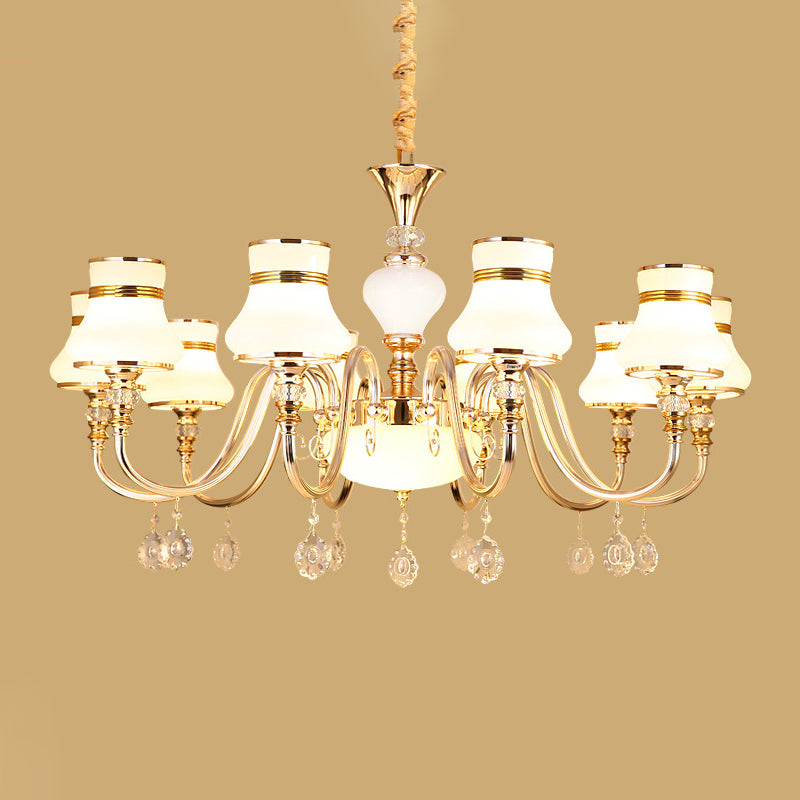 10-Light Flared Ceiling Chandelier Modern Gold Frosted Glass Pendant Lamp with Crystal Draping Clearhalo 'Ceiling Lights' 'Chandeliers' 'Modern Chandeliers' 'Modern' Lighting' 863452