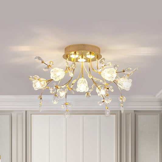 Blossom Crystal Semi Flush Light Contemporary 7-Head Bedroom Flush Mount Lamp in Gold Gold Clearhalo 'Ceiling Lights' 'Close To Ceiling Lights' 'Close to ceiling' 'Semi-flushmount' Lighting' 863458