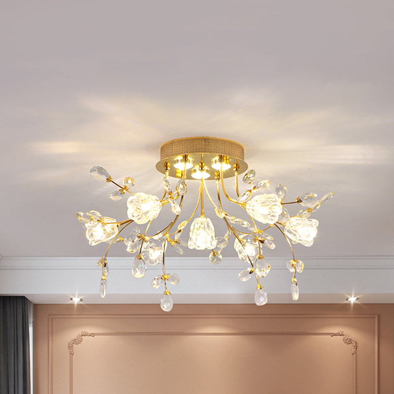 Blossom Crystal Semi Flush Light Contemporary 7-Head Bedroom Flush Mount Lamp in Gold Clearhalo 'Ceiling Lights' 'Close To Ceiling Lights' 'Close to ceiling' 'Semi-flushmount' Lighting' 863459