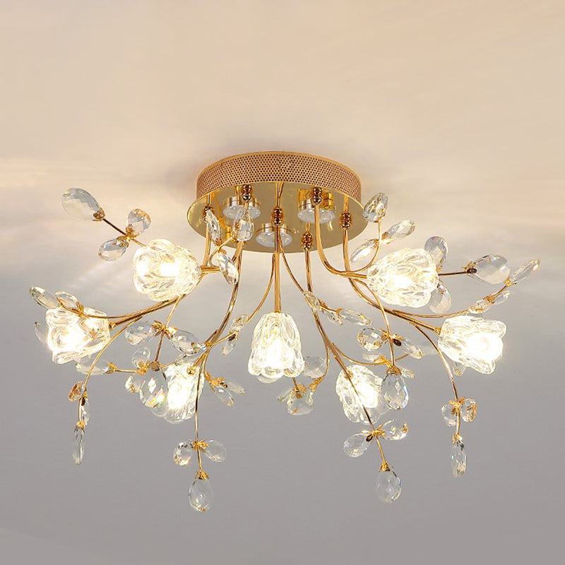 Blossom Crystal Semi Flush Light Contemporary 7-Head Bedroom Flush Mount Lamp in Gold Clearhalo 'Ceiling Lights' 'Close To Ceiling Lights' 'Close to ceiling' 'Semi-flushmount' Lighting' 863460