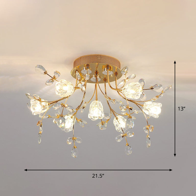 Blossom Crystal Semi Flush Light Contemporary 7-Head Bedroom Flush Mount Lamp in Gold Clearhalo 'Ceiling Lights' 'Close To Ceiling Lights' 'Close to ceiling' 'Semi-flushmount' Lighting' 863461