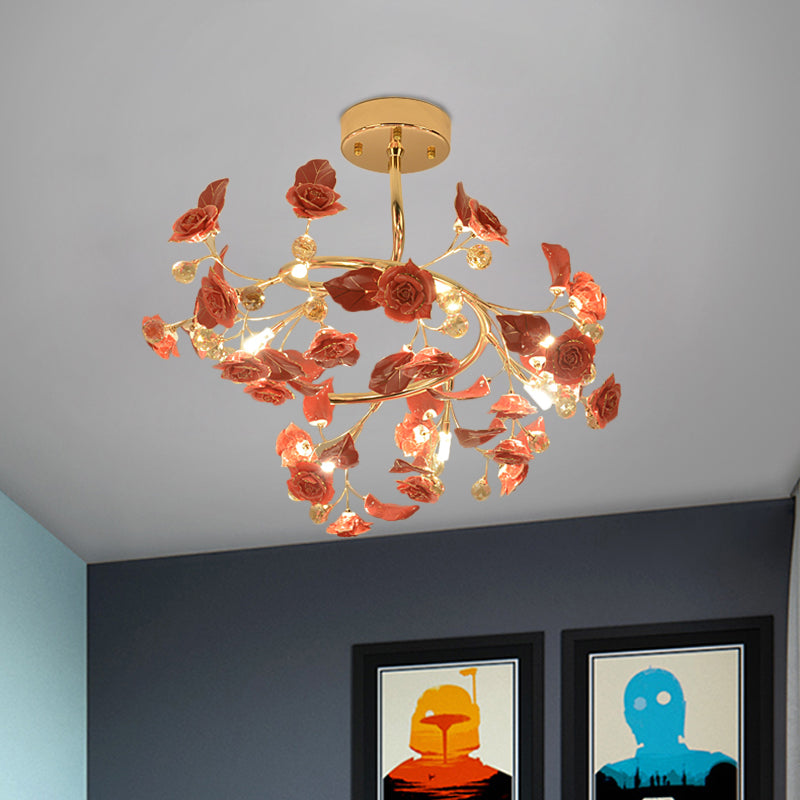 K9 Crystal Red Semi Flush Mount Spiral 7 Lights Contemporary Flush Light with Rose and Leaf Design Red Clearhalo 'Ceiling Lights' 'Close To Ceiling Lights' 'Close to ceiling' 'Semi-flushmount' Lighting' 863462