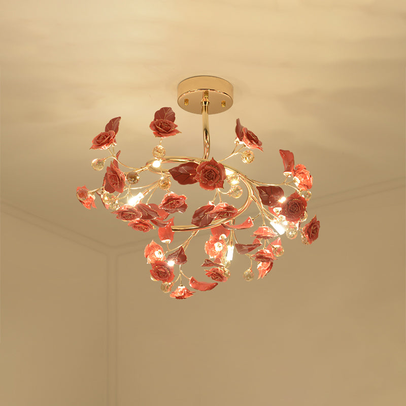 K9 Crystal Red Semi Flush Mount Spiral 7 Lights Contemporary Flush Light with Rose and Leaf Design Clearhalo 'Ceiling Lights' 'Close To Ceiling Lights' 'Close to ceiling' 'Semi-flushmount' Lighting' 863463