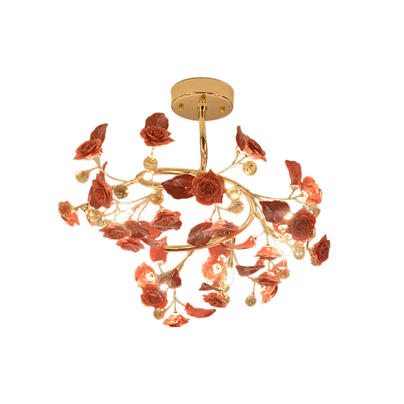 K9 Crystal Red Semi Flush Mount Spiral 7 Lights Contemporary Flush Light with Rose and Leaf Design Clearhalo 'Ceiling Lights' 'Close To Ceiling Lights' 'Close to ceiling' 'Semi-flushmount' Lighting' 863464