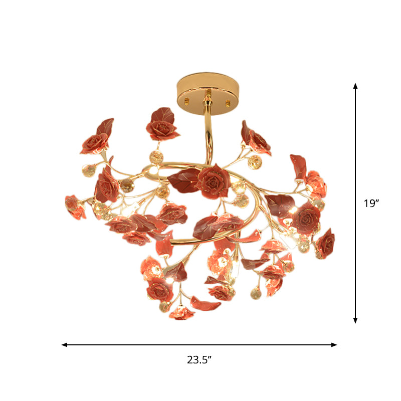 K9 Crystal Red Semi Flush Mount Spiral 7 Lights Contemporary Flush Light with Rose and Leaf Design Clearhalo 'Ceiling Lights' 'Close To Ceiling Lights' 'Close to ceiling' 'Semi-flushmount' Lighting' 863465