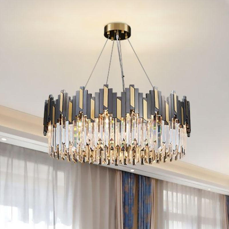 8 Bulbs Drum Chandelier Light Modern Black and Gold Crystal Block Pendant Lighting Fixture Black-Gold Clearhalo 'Ceiling Lights' 'Chandeliers' 'Modern Chandeliers' 'Modern' Lighting' 863488