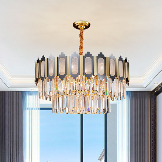 Tiered Bedroom Chandelier Lamp Modernism Clear Crystal 10 Heads Black and Gold Pendant Clearhalo 'Ceiling Lights' 'Chandeliers' 'Modern Chandeliers' 'Modern' Lighting' 863493