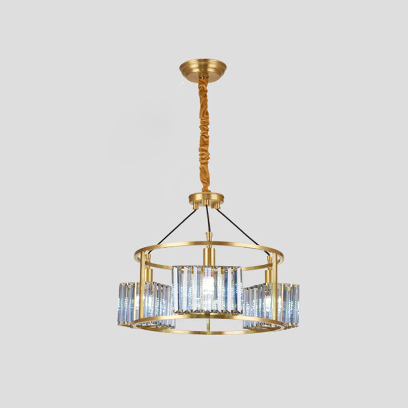 Modern Circular Pendant Chandelier 3-Bulb Crystal Block Hanging Ceiling Light in Brass Clearhalo 'Ceiling Lights' 'Chandeliers' 'Modern Chandeliers' 'Modern' Lighting' 863510