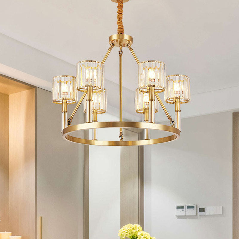6-Head Crystal Suspension Light Modern Brass Cylinder Dining Room Chandelier Lighting Fixture Brass Clearhalo 'Ceiling Lights' 'Chandeliers' 'Modern Chandeliers' 'Modern' Lighting' 863512