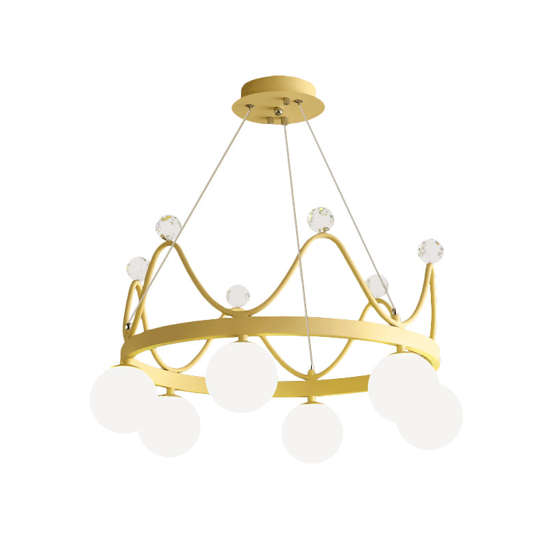 Crown Iron Chandelier Lighting Kid 6 Bulbs Pink/Gold Pendant Lamp with Orb Glass Shade and Crystal Finial Clearhalo 'Ceiling Lights' 'Chandeliers' Lighting' options 863529