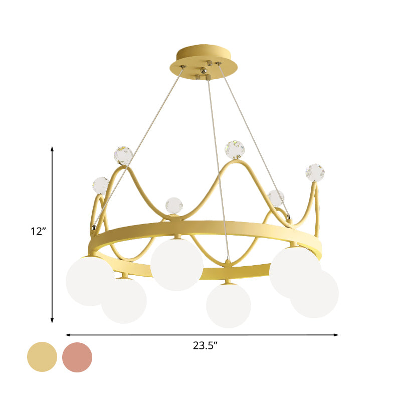 Crown Iron Chandelier Lighting Kid 6 Bulbs Pink/Gold Pendant Lamp with Orb Glass Shade and Crystal Finial Clearhalo 'Ceiling Lights' 'Chandeliers' Lighting' options 863531