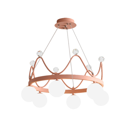 Crown Iron Chandelier Lighting Kid 6 Bulbs Pink/Gold Pendant Lamp with Orb Glass Shade and Crystal Finial Clearhalo 'Ceiling Lights' 'Chandeliers' Lighting' options 863534