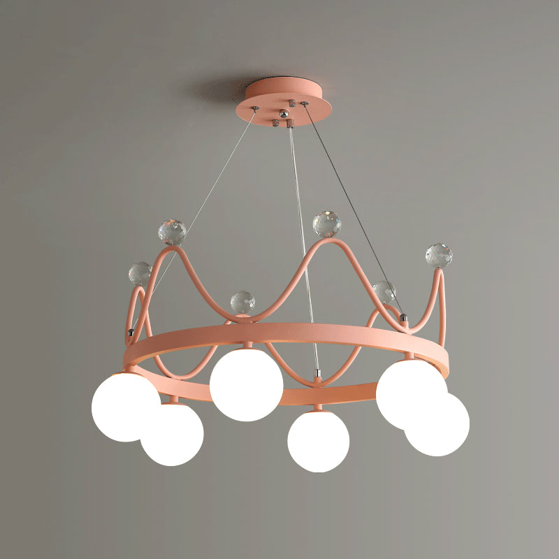 Crown Iron Chandelier Lighting Kid 6 Bulbs Pink/Gold Pendant Lamp with Orb Glass Shade and Crystal Finial Clearhalo 'Ceiling Lights' 'Chandeliers' Lighting' options 863535