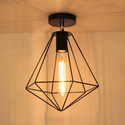 Retro Style Diamond Cage Ceiling Lamp 1 Light Metallic Semi Flush Mount Light in Black for Kitchen Black Clearhalo 'Ceiling Lights' 'Close To Ceiling Lights' 'Close to ceiling' 'Semi-flushmount' Lighting' 86353