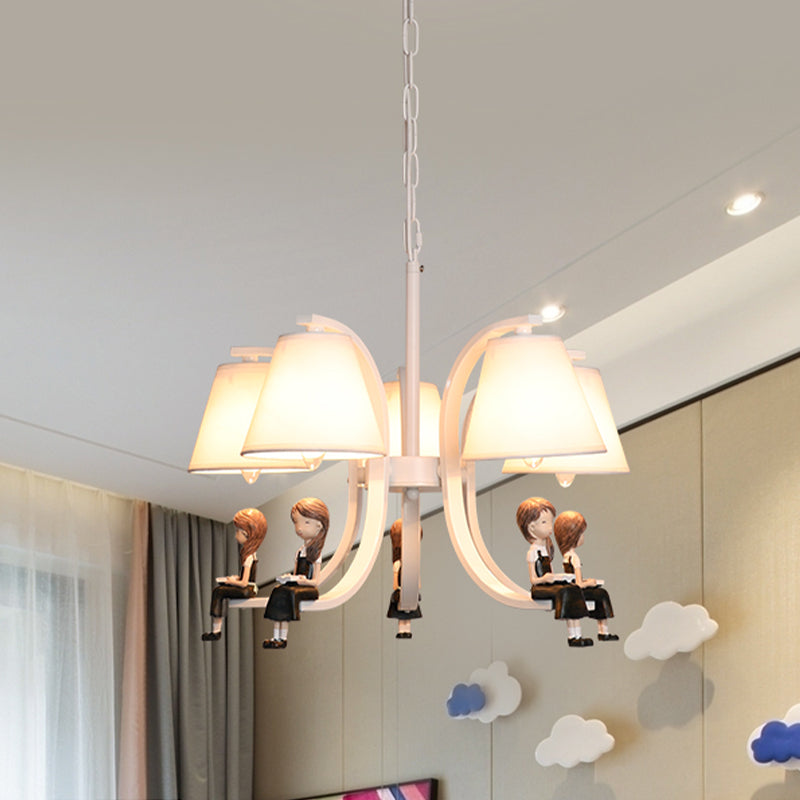 Girl/Boy Statue Suspension Light Kids Iron 5-Bulb Bedroom Pendant Chandelier with Cone Fabric Lampshade in White Clearhalo 'Ceiling Lights' 'Chandeliers' Lighting' options 863540