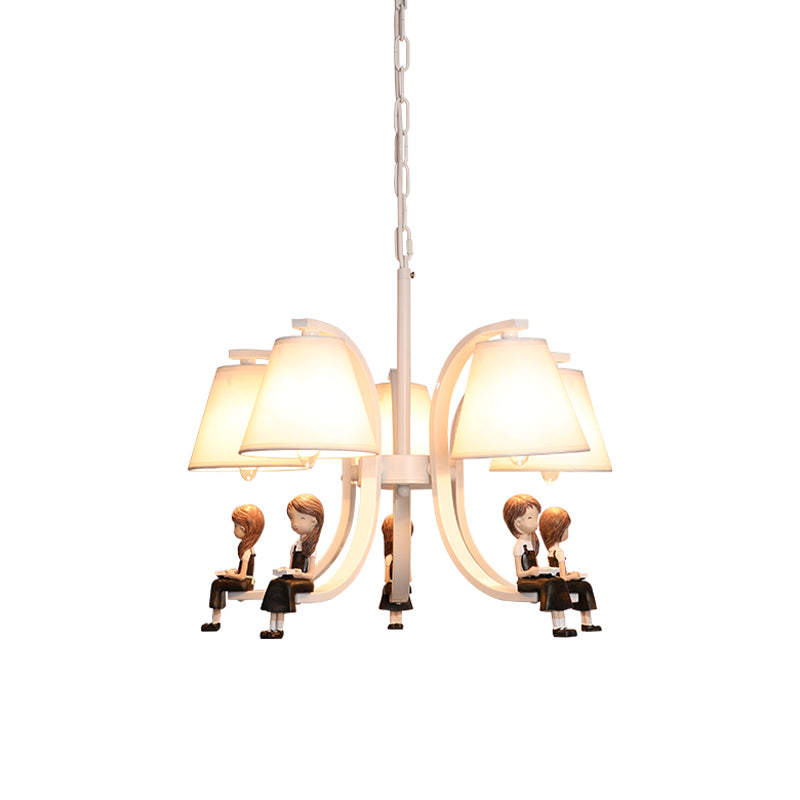 Girl/Boy Statue Suspension Light Kids Iron 5-Bulb Bedroom Pendant Chandelier with Cone Fabric Lampshade in White Clearhalo 'Ceiling Lights' 'Chandeliers' Lighting' options 863541