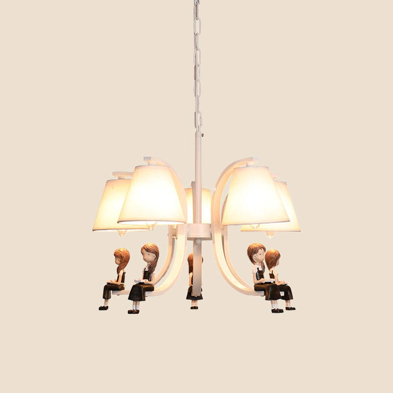 Girl/Boy Statue Suspension Light Kids Iron 5-Bulb Bedroom Pendant Chandelier with Cone Fabric Lampshade in White Clearhalo 'Ceiling Lights' 'Chandeliers' Lighting' options 863542