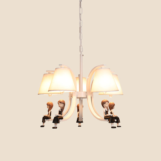 Girl/Boy Statue Suspension Light Kids Iron 5-Bulb Bedroom Pendant Chandelier with Cone Fabric Lampshade in White Clearhalo 'Ceiling Lights' 'Chandeliers' Lighting' options 863542