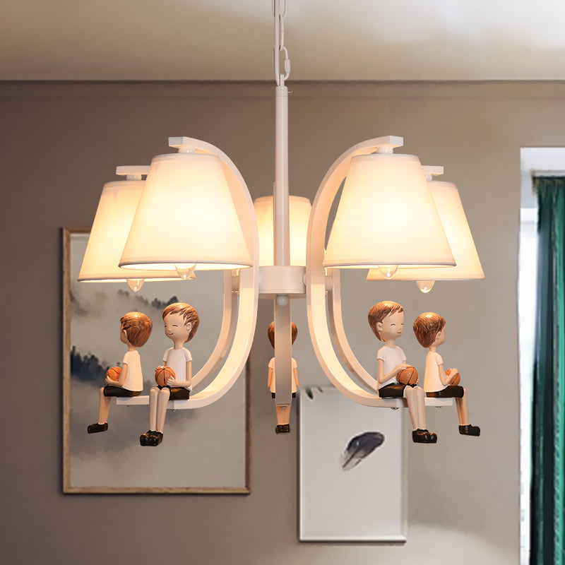 Girl/Boy Statue Suspension Light Kids Iron 5-Bulb Bedroom Pendant Chandelier with Cone Fabric Lampshade in White Clearhalo 'Ceiling Lights' 'Chandeliers' Lighting' options 863544