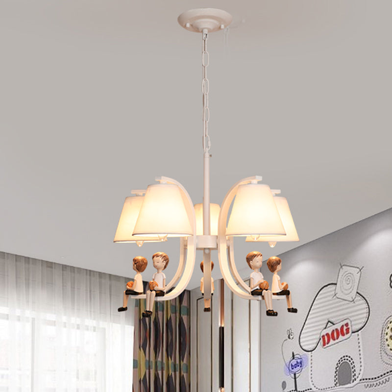 Girl/Boy Statue Suspension Light Kids Iron 5-Bulb Bedroom Pendant Chandelier with Cone Fabric Lampshade in White Clearhalo 'Ceiling Lights' 'Chandeliers' Lighting' options 863545