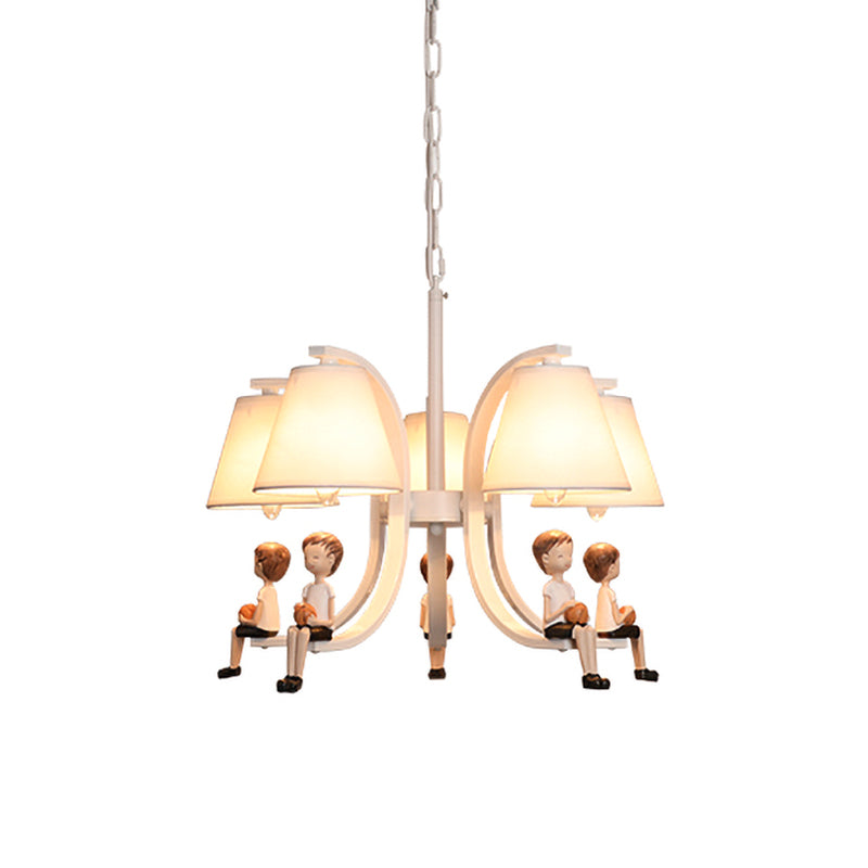 Girl/Boy Statue Suspension Light Kids Iron 5-Bulb Bedroom Pendant Chandelier with Cone Fabric Lampshade in White Clearhalo 'Ceiling Lights' 'Chandeliers' Lighting' options 863546