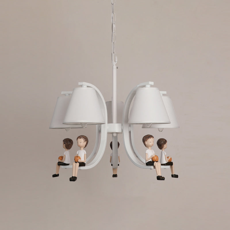 Girl/Boy Statue Suspension Light Kids Iron 5-Bulb Bedroom Pendant Chandelier with Cone Fabric Lampshade in White Clearhalo 'Ceiling Lights' 'Chandeliers' Lighting' options 863547