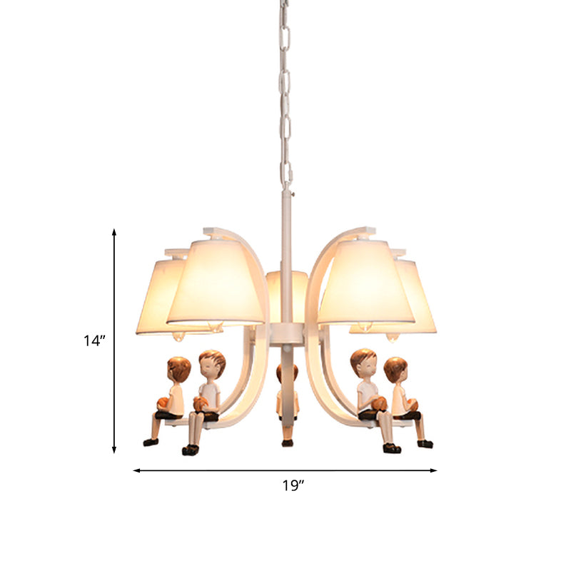 Girl/Boy Statue Suspension Light Kids Iron 5-Bulb Bedroom Pendant Chandelier with Cone Fabric Lampshade in White Clearhalo 'Ceiling Lights' 'Chandeliers' Lighting' options 863548